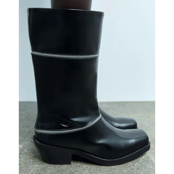 NWT Zara Black ZIPPERED LEATHER Mid Calf Boots 6 - Picture 2 of 5